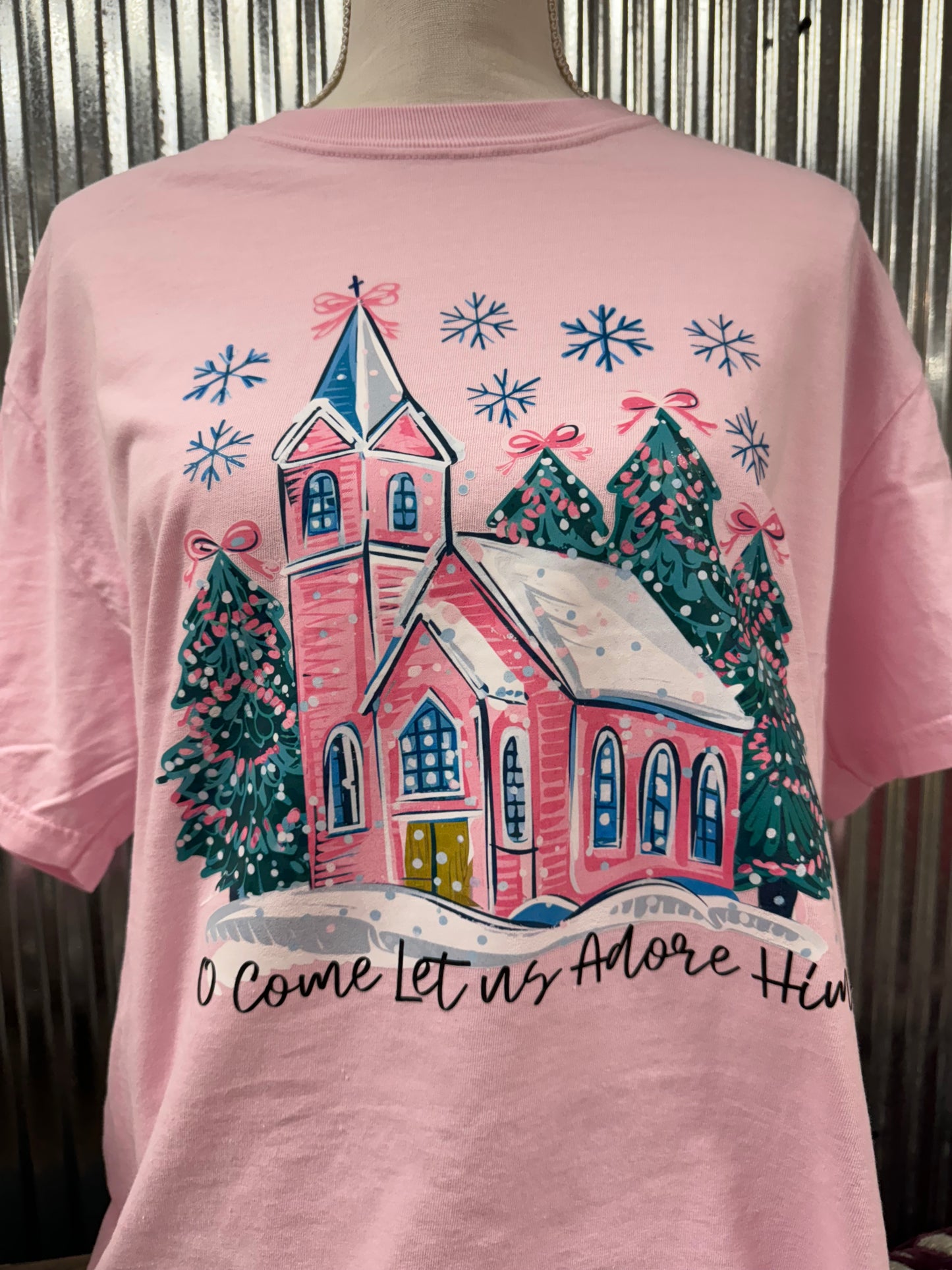 Oh come let us adore him church on Gildan pink sweatshirt or comfort color pink tshirt