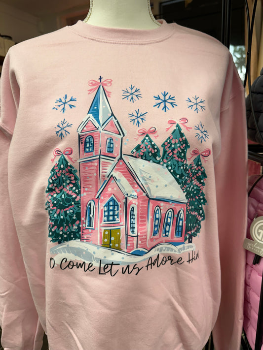 Oh come let us adore him church on Gildan pink sweatshirt or comfort color pink tshirt