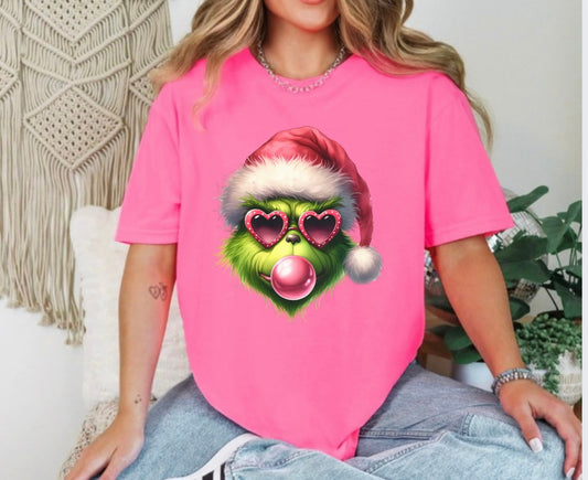 Comfort color neon pink mean one with Santa hat and bubblegum tshirt