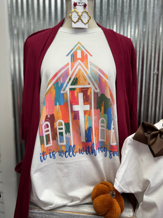 It is well with my soul watercolor church Gildan white tshirt