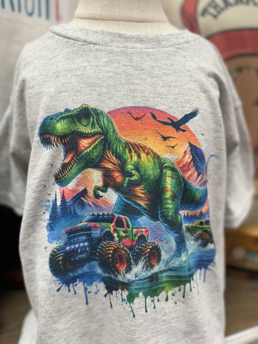 Dino and truck Gildan gray tshirt