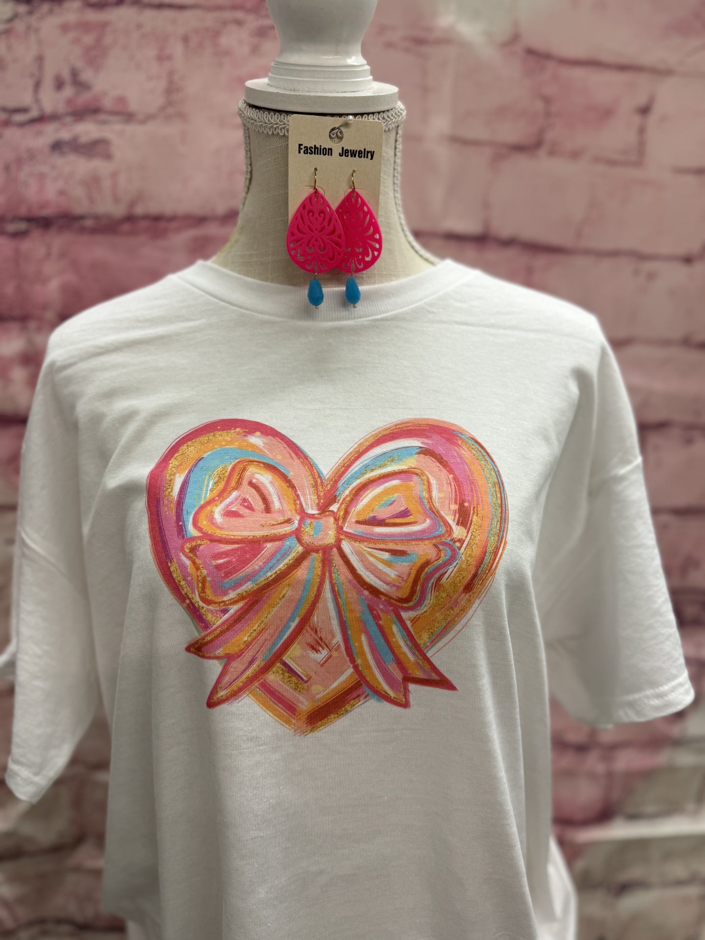 Watercolor heart with bow white Gildan tshirt