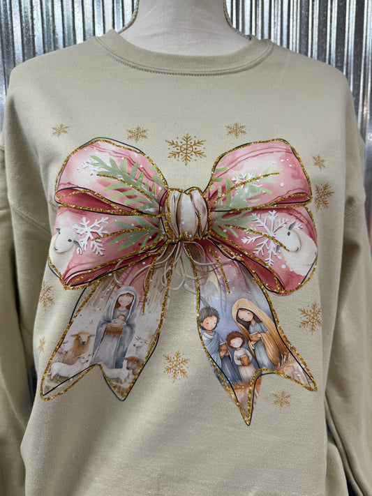 Nativity bow on Gildan sweatshirt  or comfort color ivory tshirt