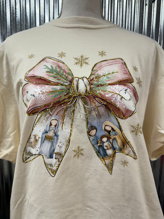 Nativity bow on Gildan sweatshirt  or comfort color ivory tshirt