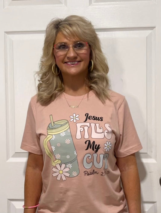 Jesus fills my cup peach bella canvas tshirt