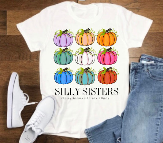 Silly Sisters Pumpkin logo white tshirt